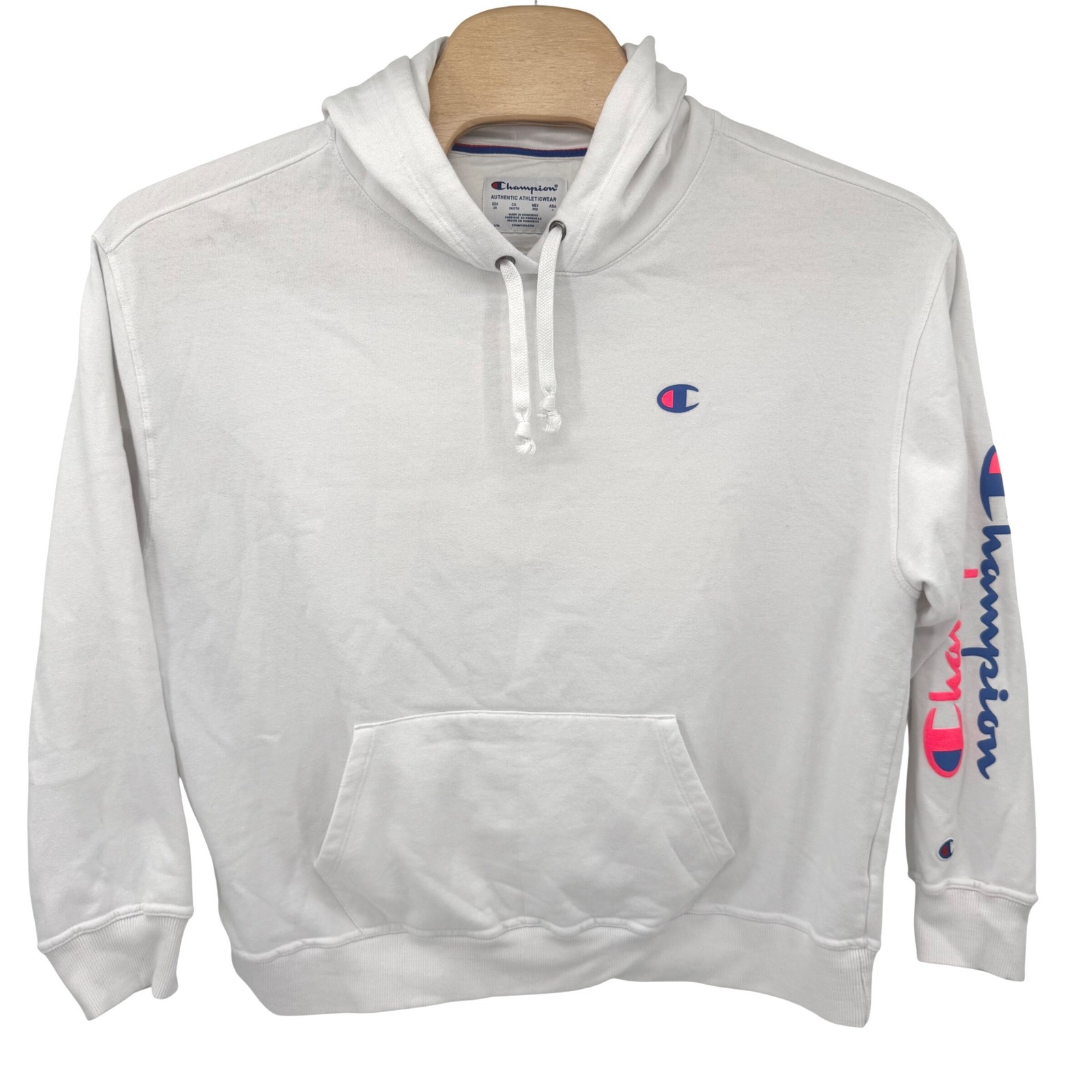 Champion Hoodie Women 2x White Gf538 Logo Sleeve Pullover Sweatshirt